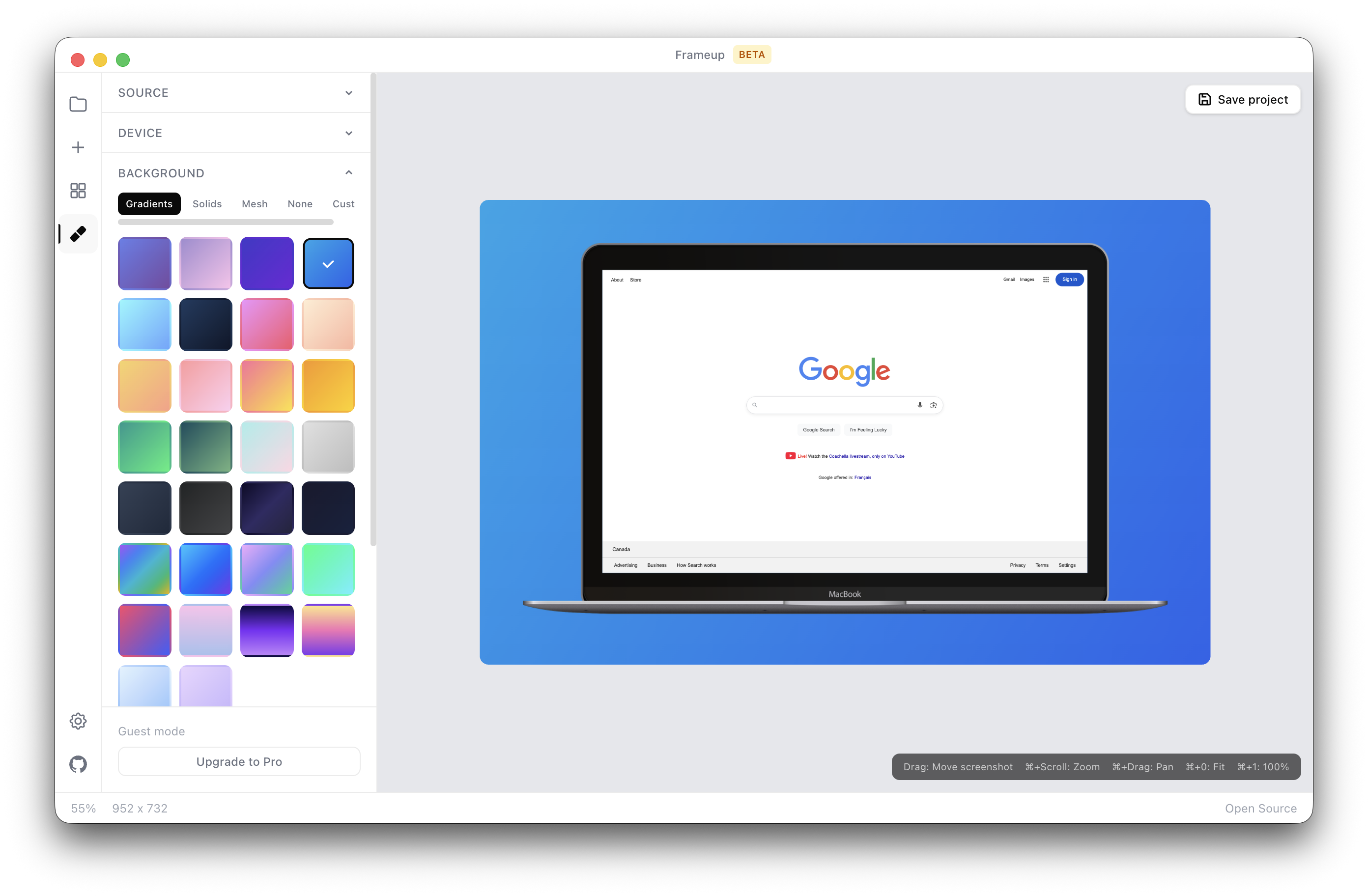 FrameUp app — canvas editor with device mockup